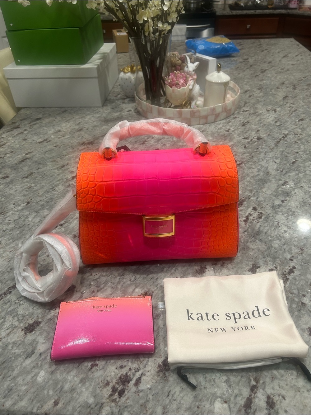 kate spade Pink and Orange Ombre Croc-Embossed Satchel/Cross & Matching Wallet
